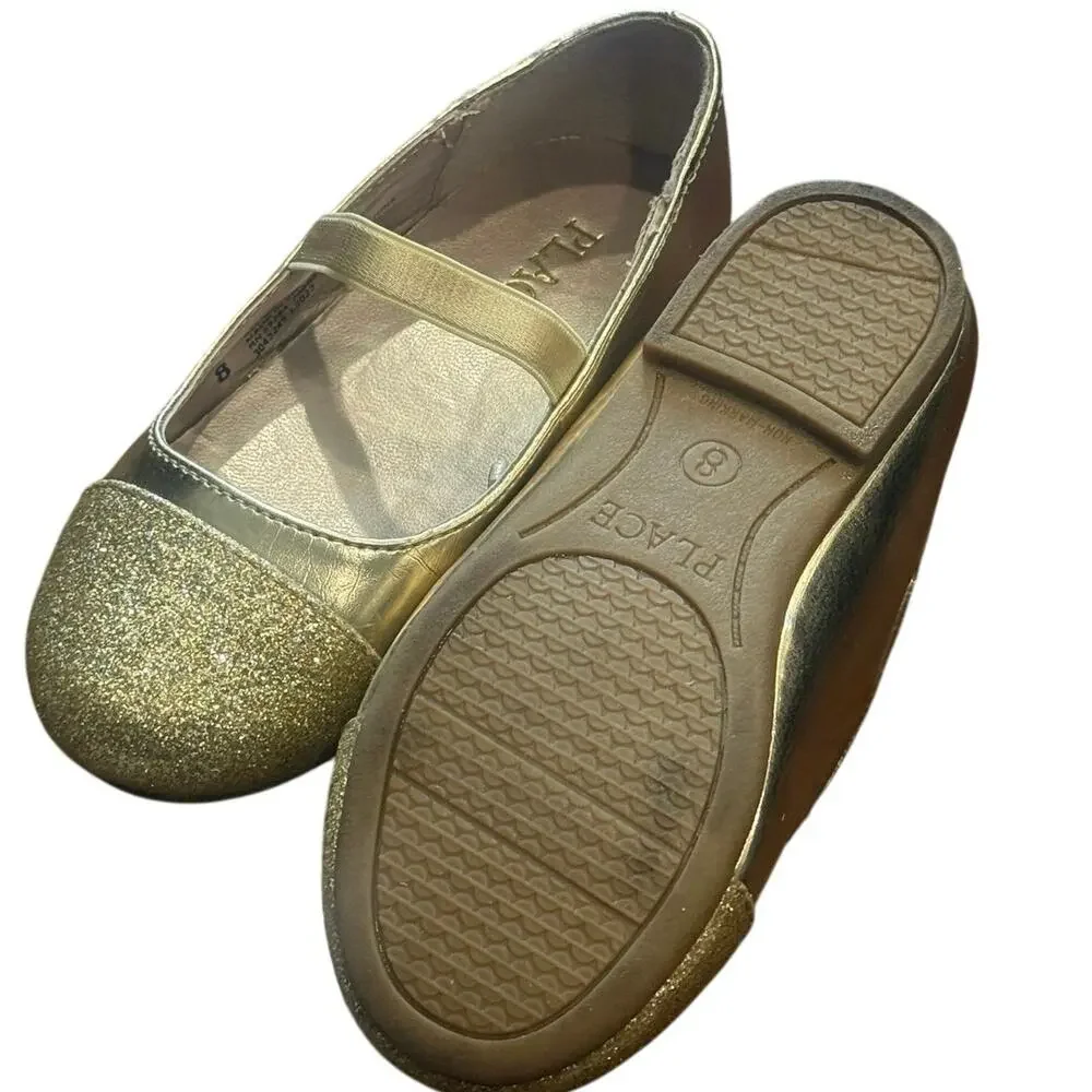 The Children’s Place Gold Glitter Mary Jane Flats Girls Size 8 Dress Shoes